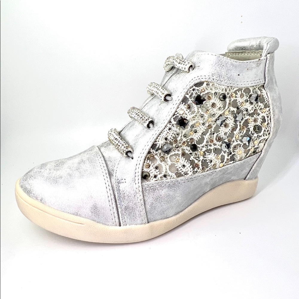 Wedge fashion sneaker with rhinestone silver color new in box